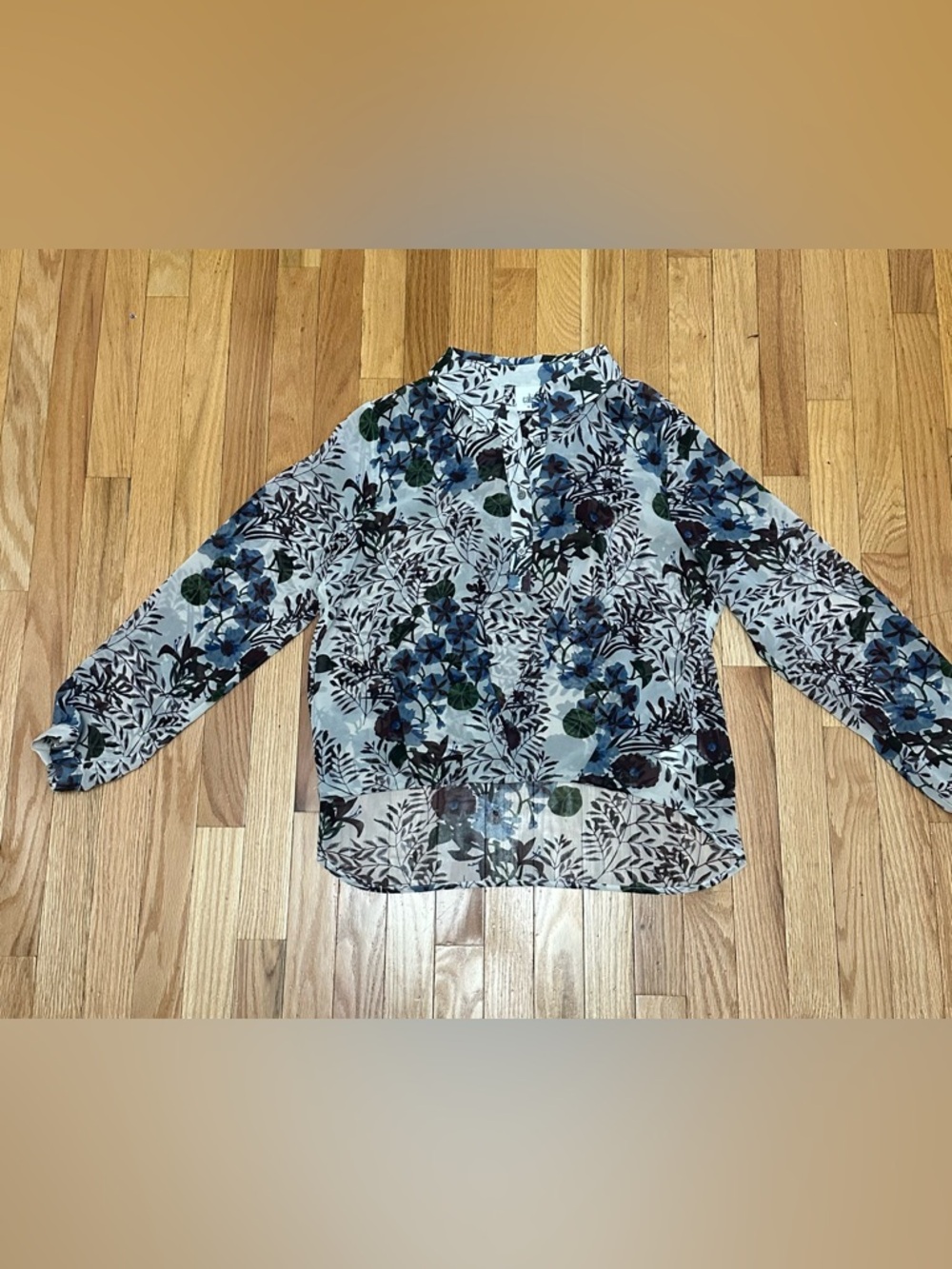 NWOT CAbi Sheer Floral Blouse in White and Blue